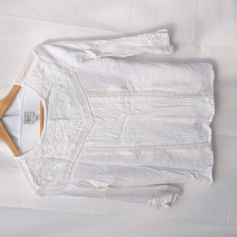 Carribean Pacific boho white blouse with embroidery & cutouts Medium